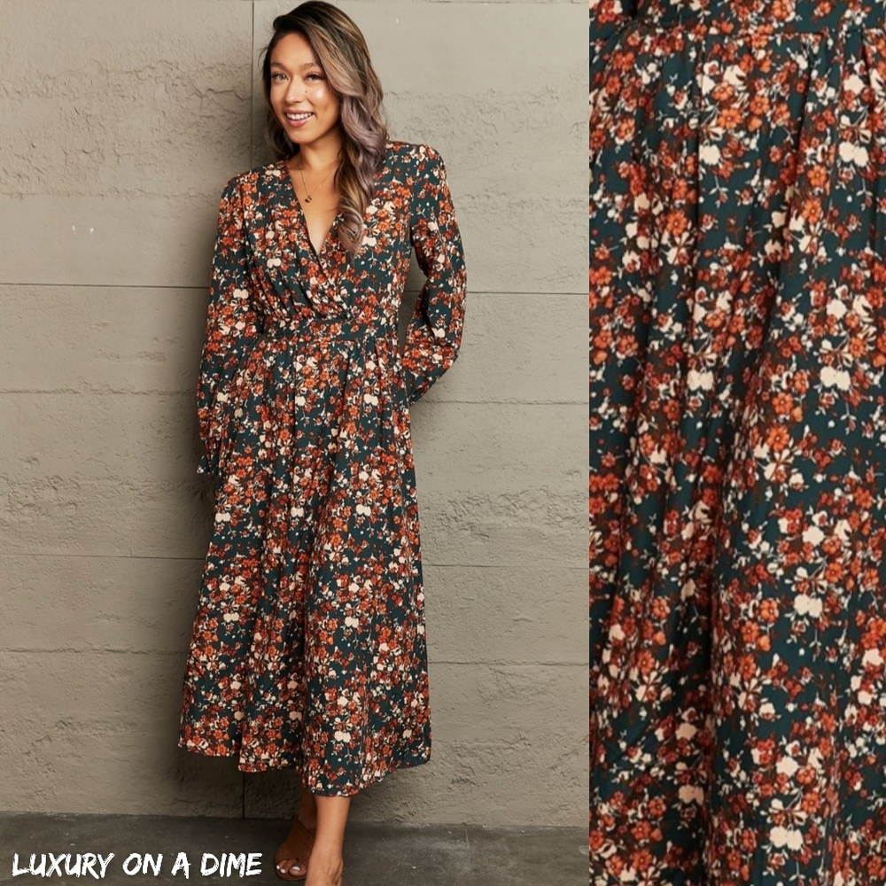 Floral Long Sleeve Midi Dress in Forest Green